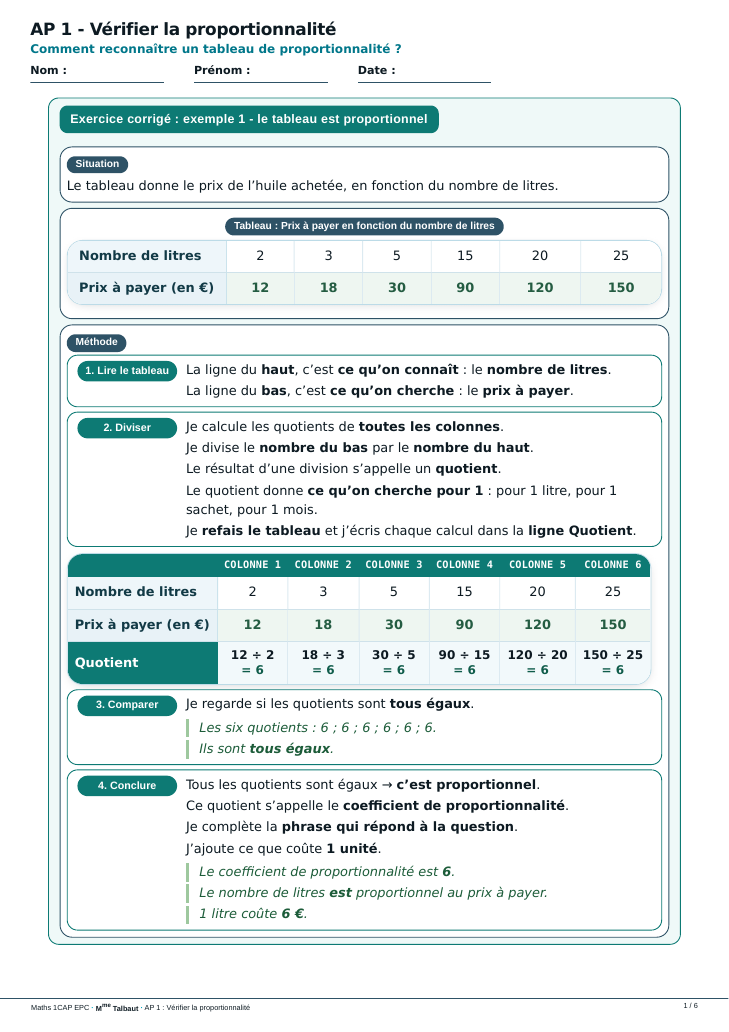 Première page de la fiche : Vérifier la proportionnalité