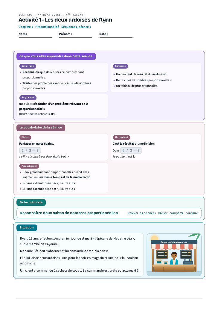 Première page de la fiche : Activité 1 - Les deux ardoises de Ryan