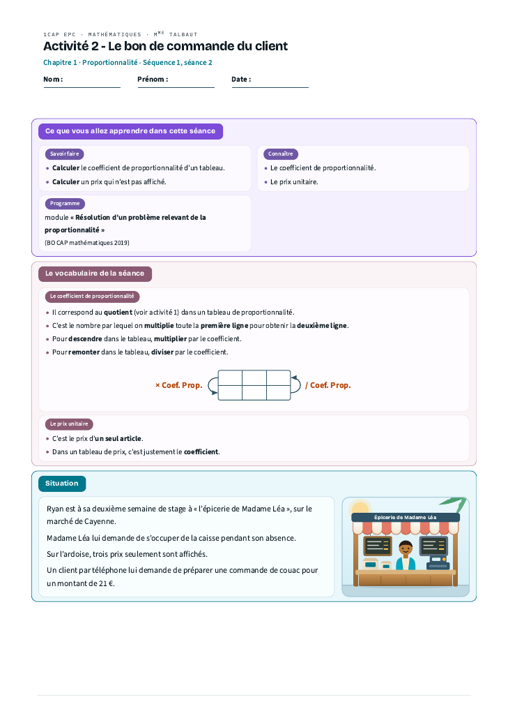 Première page de la fiche : Activité 2 - Le bon de commande du client
